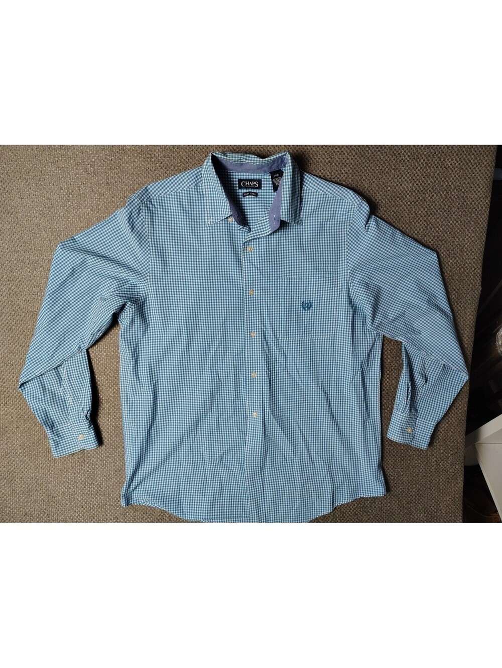 Chaps Shirt Mens LT Large Tall Teal Blue Gingham Check Easy Care Long Sleeve